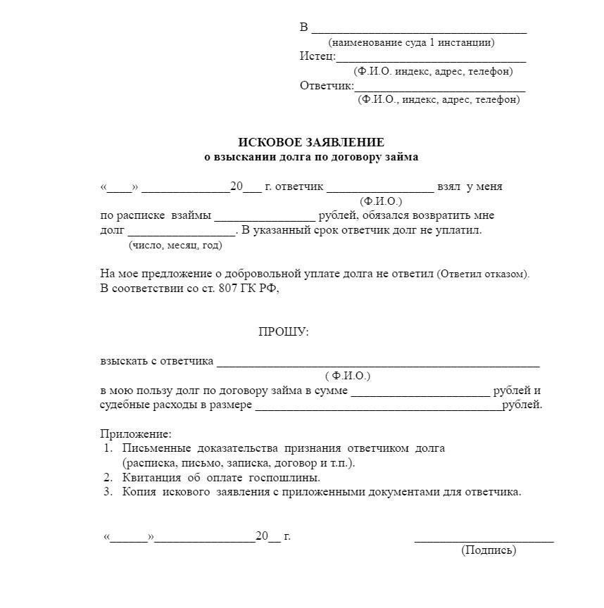 Основная информация, необходимая для подачи заявления на возврат долга