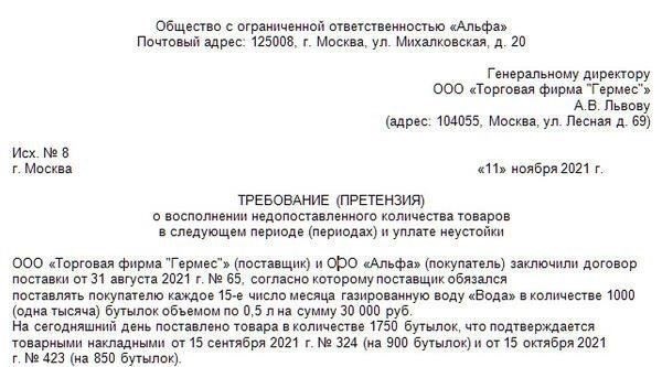 Процесс предъявления претензий в случае непоставки товаров по договорам поставки